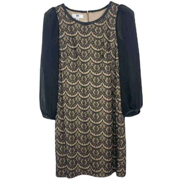 DR Collection 4 Knee Length Shift Dress Black Lace Overlay Long Sleeve Back Zip - Picture 1 of 11